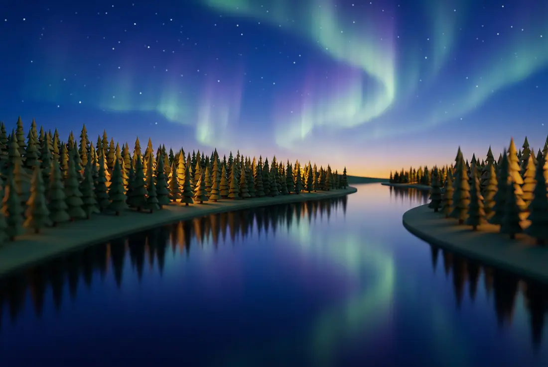 Green aurora over a spruce forest edge, reflected in a wide calm river