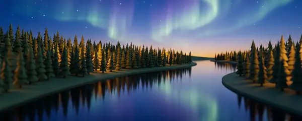 Green aurora over a spruce forest edge, reflected in a wide calm river