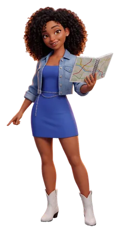 Tia, the illustrated guide, holding an open road map book and pointing down to the left