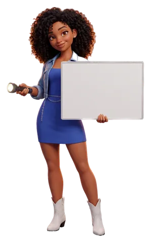 Tia, the illustrated guide, shining a flashlight to the left and holding a board that reads: not driving distances