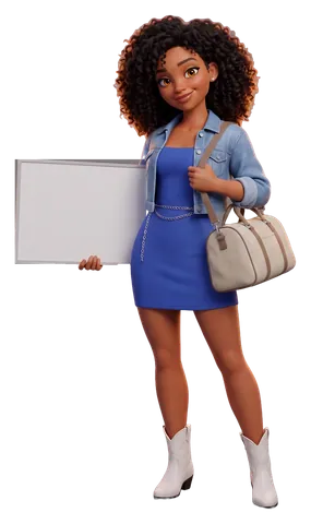 Tia, the illustrated guide, with a canvas weekender bag on her shoulder, holding a board that reads: All SIGA casinos welcome RVs